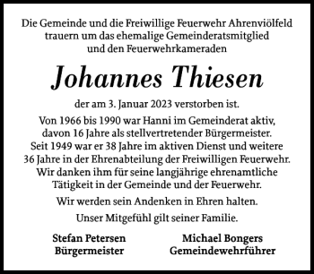 Traueranzeige von Johannes Thiesen von Husumer Nachrichten