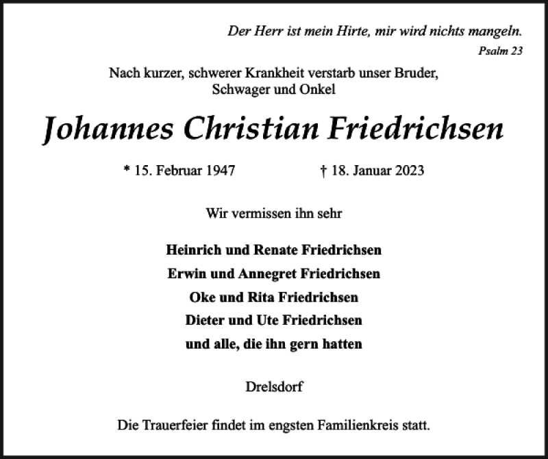  Traueranzeige für Johannes Christian Friedrichsen vom 21.01.2023 aus Husumer Nachrichten