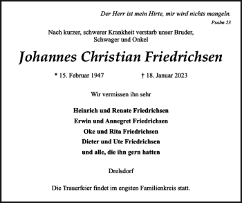 Traueranzeige von Johannes Christian Friedrichsen von Husumer Nachrichten