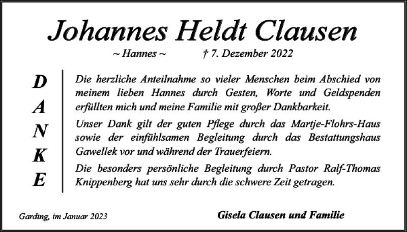  Traueranzeige für Johannes Heldt Clausen vom 13.01.2023 aus Husumer Nachrichten