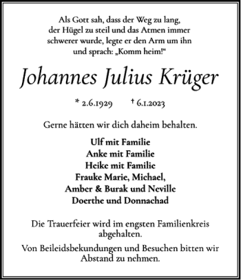 Traueranzeige von Johannes Julius Krüger von Norddeutsche Rundschau