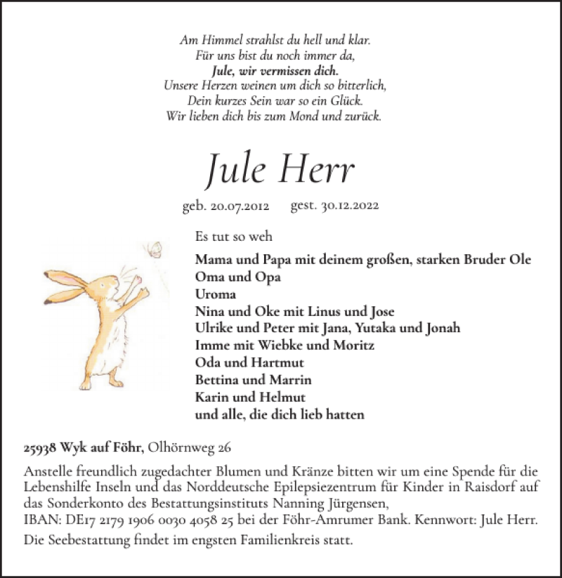  Traueranzeige für Jule Herr vom 05.01.2023 aus Der Insel-Bote