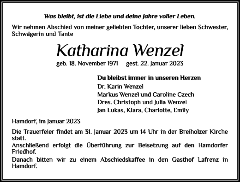  Traueranzeige für Katharina Wenzel vom 26.01.2023 aus Landeszeitung