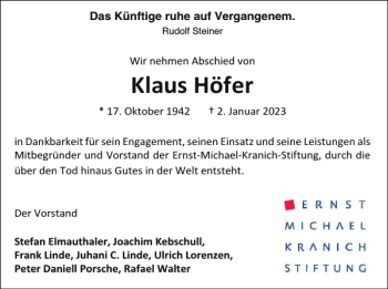 Traueranzeige von Klaus Höfer von Flensburger Tageblatt