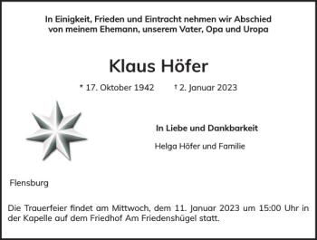 Traueranzeige von Klaus Höfer von Flensburger Tageblatt