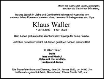 Traueranzeige von Klaus Waller von Holsteinischer Courier