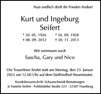 Traueranzeige von Kurt und Ingeburg Seifert von Holsteinischer Courier