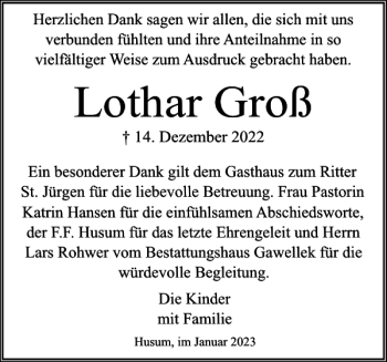 Traueranzeige von Lothar Groß von Husumer Nachrichten