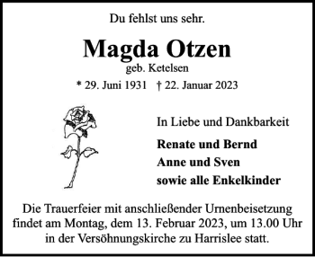Traueranzeige von Magda Otzen von Flensburger Tageblatt
