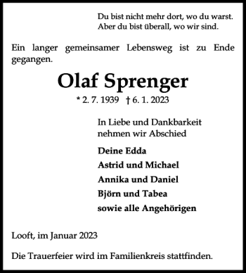 Traueranzeige von Olaf Sprenger von Norddeutsche Rundschau