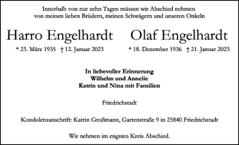 Traueranzeige von Olaf Engelhardt Harro Engelhardt von Husumer Nachrichten