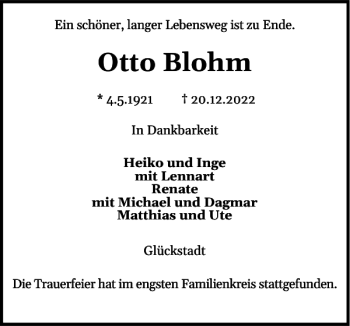 Traueranzeige von Otto Blohm von Norddeutsche Rundschau