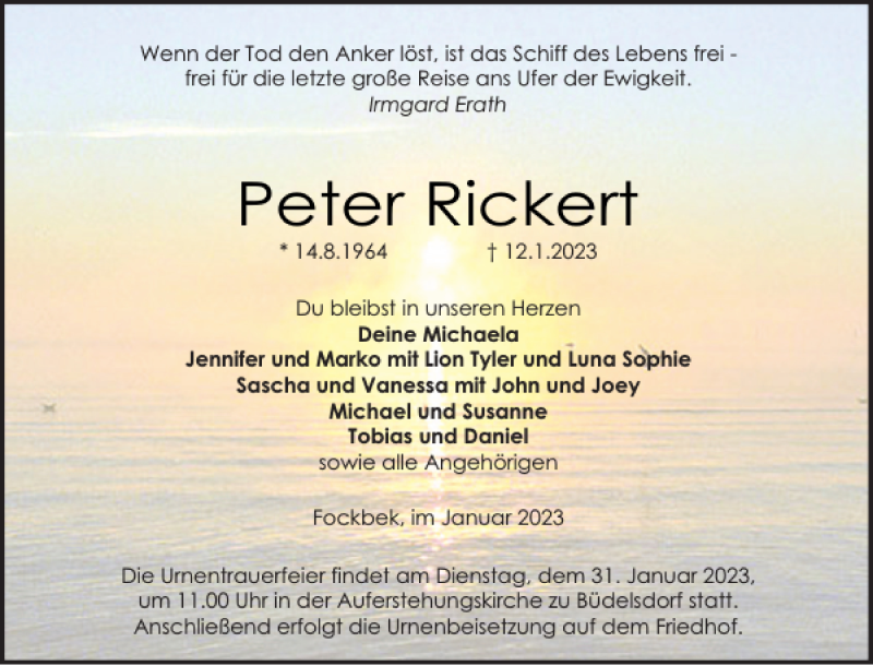 Traueranzeigen von Peter Rickert | sh:z Trauer