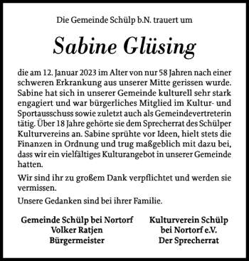 Traueranzeige von Sabine Glüsing von Landeszeitung