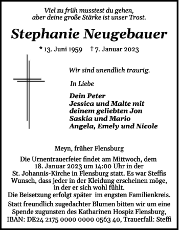 Traueranzeige von Stephanie Neugebauer von Flensburger Tageblatt