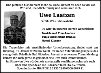 Traueranzeige von Uwe Laatzen von Stormarner Tageblatt