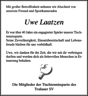 Traueranzeige von Uwe Laatzen von Stormarner Tageblatt