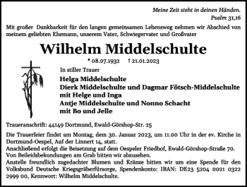 Traueranzeige von Wilhelm Middelschulte von Schlei-Bote