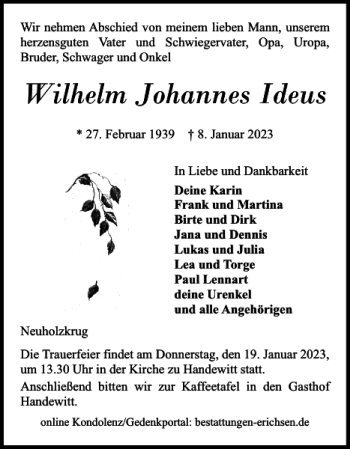 Traueranzeige von Wilhelm Johannes Ideus von Flensburger Tageblatt