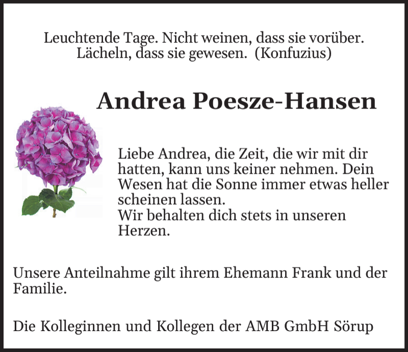  Traueranzeige für Andrea Poesze-Hansen vom 28.10.2023 aus Flensburger Tageblatt