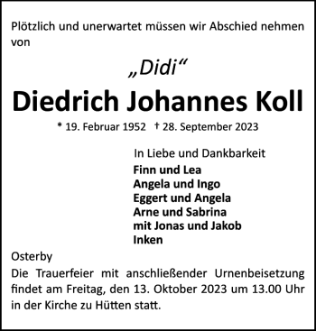 Traueranzeige von Diedrich Johannes Koll von Eckernförder Zeitung