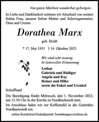 Traueranzeige von Dorathea Marx von Flensburger Tageblatt
