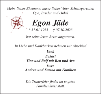 Traueranzeige von Egon Jäde von Holsteinischer Courier