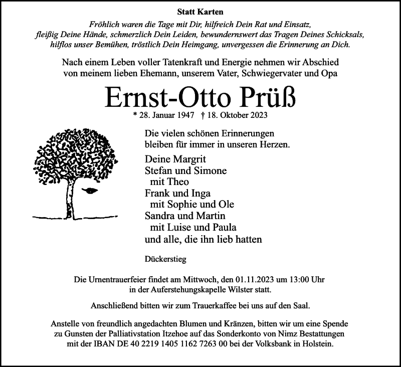  Traueranzeige für Ernst-Otto Prüß vom 21.10.2023 aus Norddeutsche Rundschau