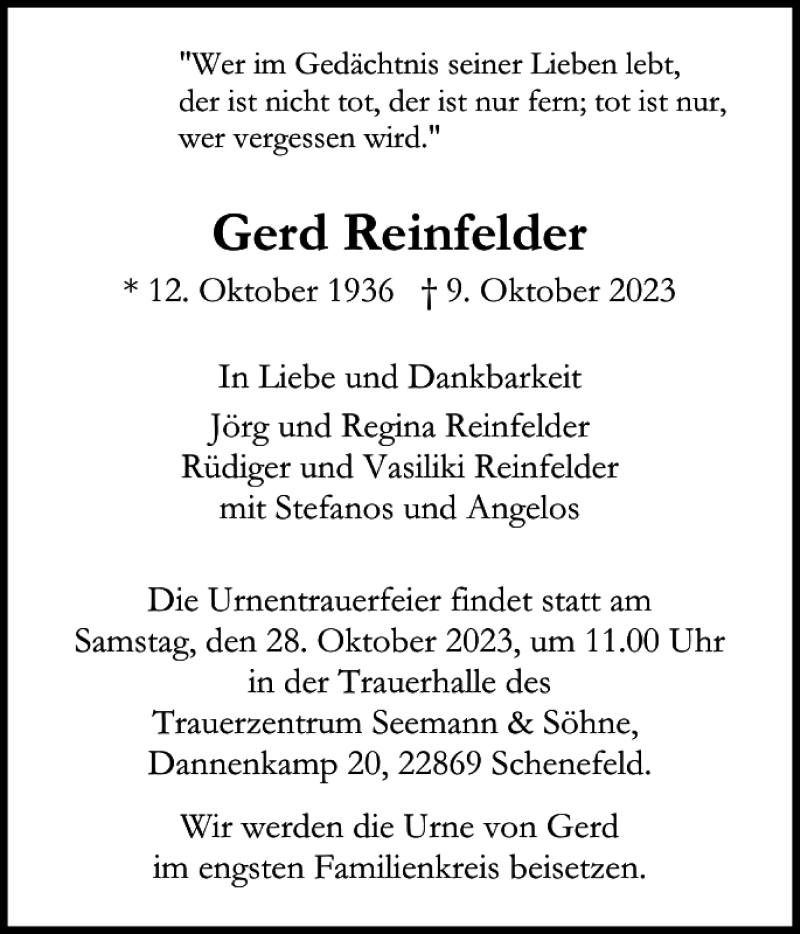  Traueranzeige für Gerd Reinfelder vom 21.10.2023 aus Pinneberger Tageblatt