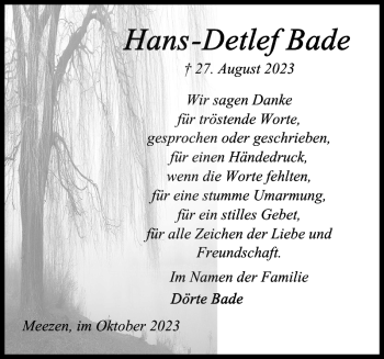 Traueranzeige von Hans-Detlef Bade von Landeszeitung