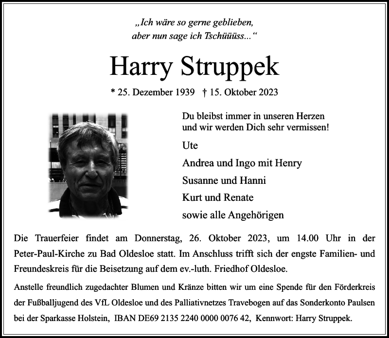  Traueranzeige für Harry Struppek vom 21.10.2023 aus Stormarner Tageblatt