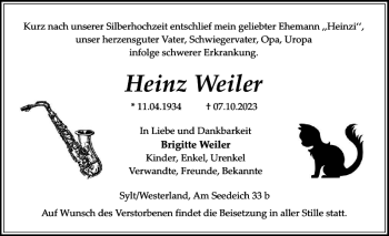 Traueranzeige von Heinz Weiler von Sylter Rundschau