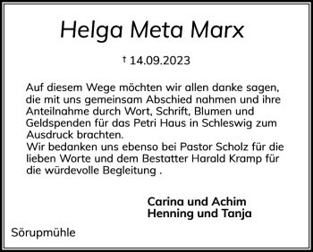 Traueranzeige von Helga Meta Marx von Flensburger Tageblatt