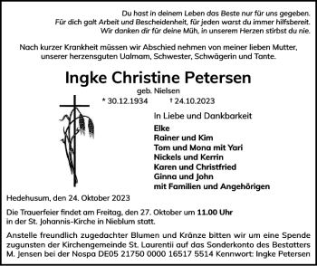 Traueranzeige von Ingke Christine Petersen Ingke Christine Petersen  von Der Insel-Bote