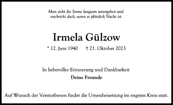 Traueranzeige von Irmela Gülzow von Ostholsteiner Anzeiger
