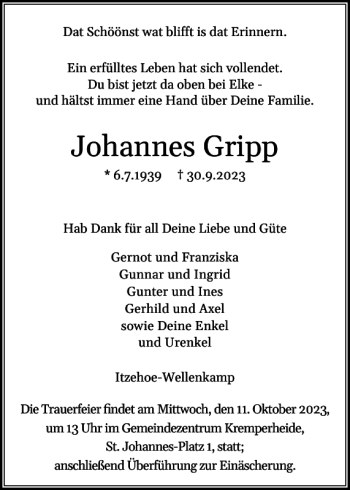 Traueranzeige von Johannes Gripp von Norddeutsche Rundschau