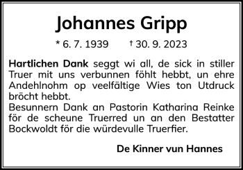 Traueranzeige von Johannes Gripp von Norddeutsche Rundschau