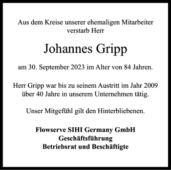 Traueranzeige von Johannes Gripp von Norddeutsche Rundschau