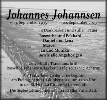 Traueranzeige von Johannes Johannsen von Husumer Nachrichten
