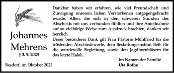 Traueranzeige von Johannes Mehrens von Norddeutsche Rundschau