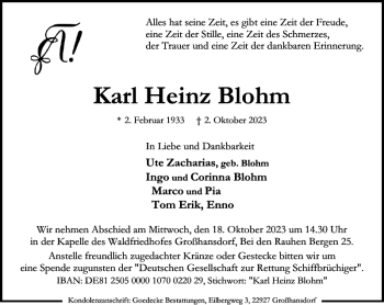 Traueranzeige von Karl Heinz Blohm von Stormarner Tageblatt