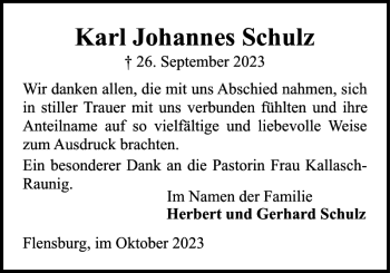 Traueranzeige von Karl Johannes Schulz von Flensburger Tageblatt