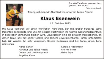 Traueranzeige von Klaus Esenwein von Flensburger Tageblatt