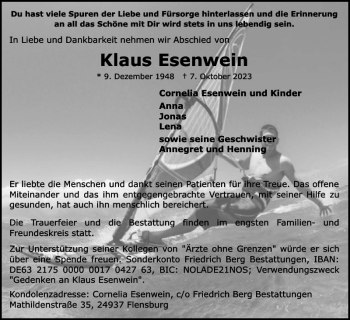Traueranzeige von Klaus Esenwein von Flensburger Tageblatt