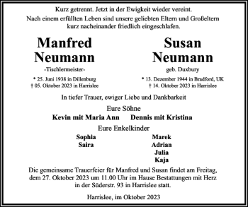 Traueranzeige von Manfred Neumann Susan Neumann von Flensburger Tageblatt