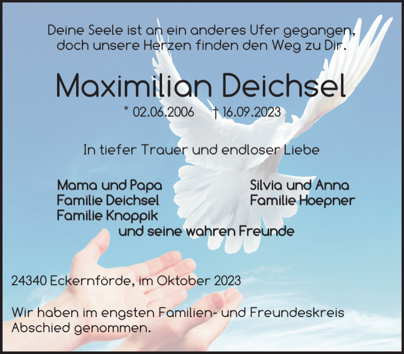  Traueranzeige für Maximilian Deichsel vom 07.10.2023 aus Eckernförder Zeitung