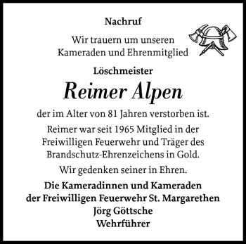 Traueranzeige von Reimer Alpen von Norddeutsche Rundschau