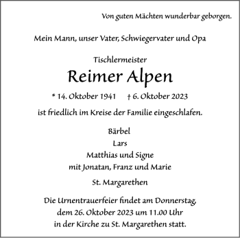Traueranzeige von Reimer Alpen von Norddeutsche Rundschau
