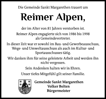 Traueranzeige von Reimer Alpen von Norddeutsche Rundschau