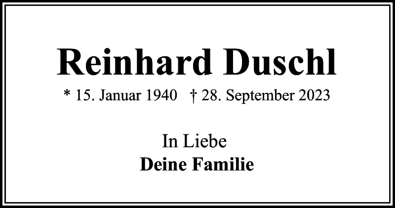  Traueranzeige für Reinhard Duschl vom 14.10.2023 aus Flensburger Tageblatt